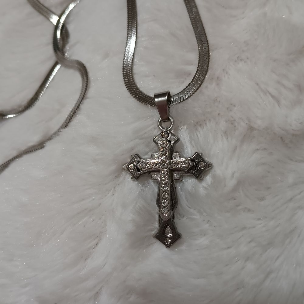 Silver Rhinestone Cross Necklace - Picture 6 of 7